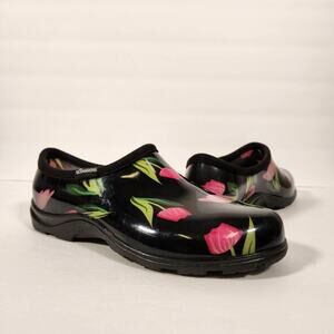 SLOGGERS Garden Shoes Women 10 Black Pink Floral Tulip Farm Cottagecore 
Country